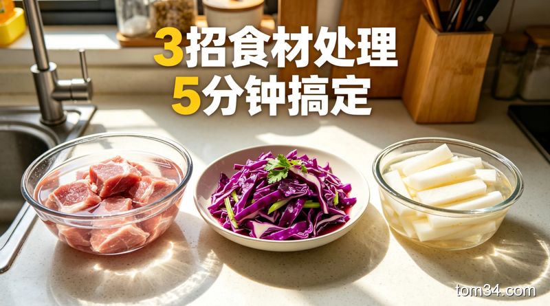 生活化厨房台面场景，依次摆放泡了白醋的生鲜肉块、鲜亮的炒紫甘蓝、脆爽的白醋腌萝卜，配文字「3招食材处理 5分钟搞定」，光线明亮，充满生活感，突出快手无难度