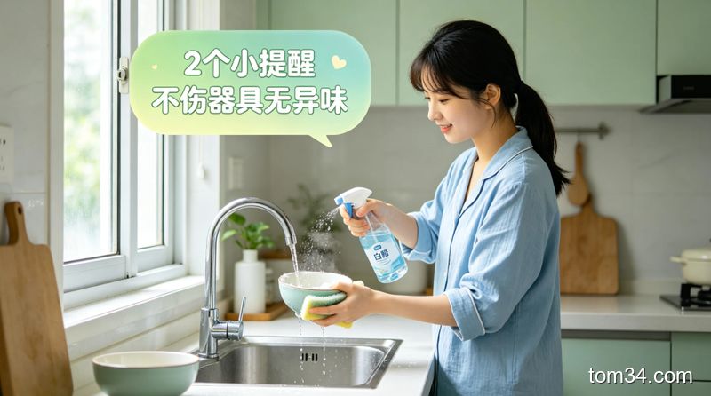 布满水垢的不锈钢水龙头和陶瓷洗菜池对比图，旁边放着一瓶普通白醋，适配厨房清洁场景