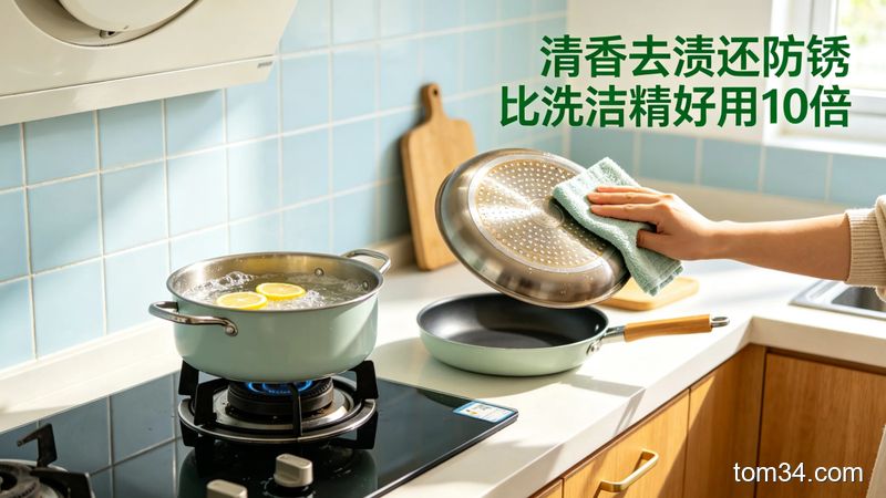 清新明亮生活化厨房场景，燃气灶上放着加了白醋、柠檬皮的煮锅，旁边摆着擦得发亮的干净铁锅，人手举着抹布擦锅底，配文字标注「清香去渍还防锈 比洗洁精好用10倍」，突出清洁效果