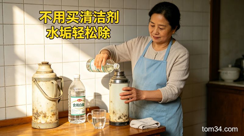 手持白醋瓶往热水瓶里兑温水的厨房清洁场景