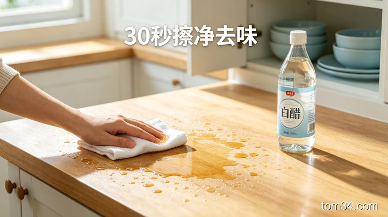 清新明亮厨房台面场景，人手拿蘸了白醋的湿抹布擦溅了油点的台面，旁边标注「30秒擦净去味」文字，突出快速方便