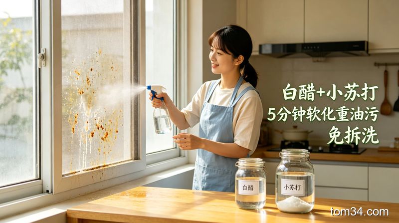 温馨厨房场景，桌面上放着加了白醋、小苏打、温水的清洁液，人拿着喷壶对着有油污的纱窗均匀喷洒，配文字标注「白醋+小苏打 5分钟软化重油污 免拆洗」，风格清新，突出低成本