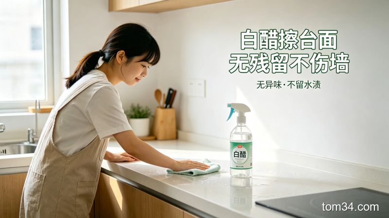 明亮的出租屋厨房台面墙面场景，女生用干抹布擦台面，台面光洁发亮没有水渍，旁边放着兑了白醋的喷壶，清新明亮生活化风格，画面加文字标注「白醋擦台面 无残留不伤墙」，突出无异味、不留水渍