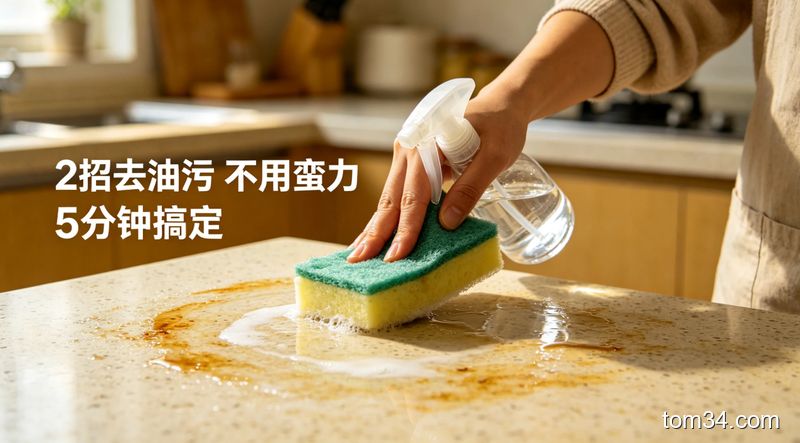 明亮厨房内带轻度油污的石英石台面前景，普通人用喷了白醋的百洁布轻松擦拭台面，动作轻柔不费力，旁边配文字标注「2招去油污 不用蛮力 5分钟搞定」，生活化风格，突出轻松高效的清洁状态