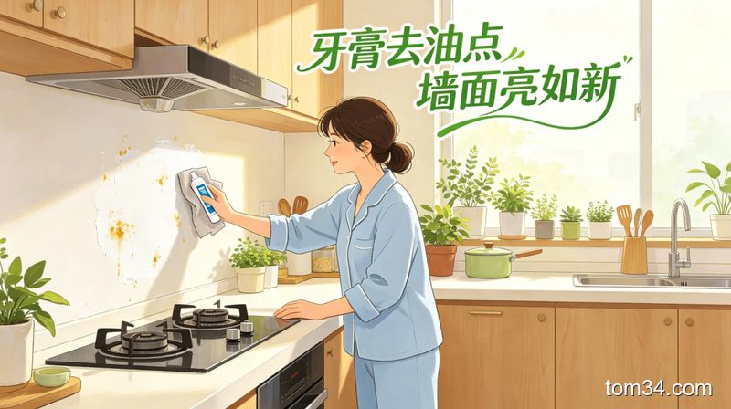 清新明亮生活化厨房场景，人手拿挤了牙膏的抹布擦拭墙面油点，配文字“牙膏去油点 墙面亮如新”，风格轻松，突出高效无残留