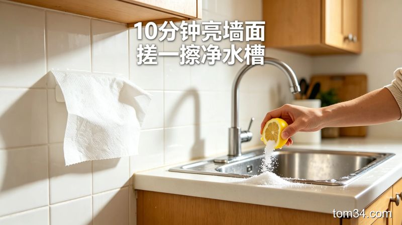 蘸了洗洁精水的卫生纸敷在厨房墙面的油渍上，旁边放着湿抹布准备擦拭