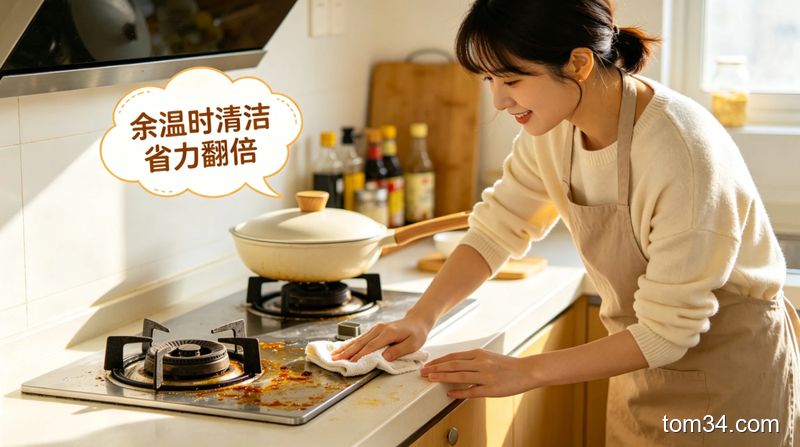 清新明亮生活化风格，刚做完饭的温热灶台旁，博主正随手擦拭油污，旁边配气泡文字标注“余温时清洁 省力翻倍”，整体氛围轻松，突出懒人省时特点