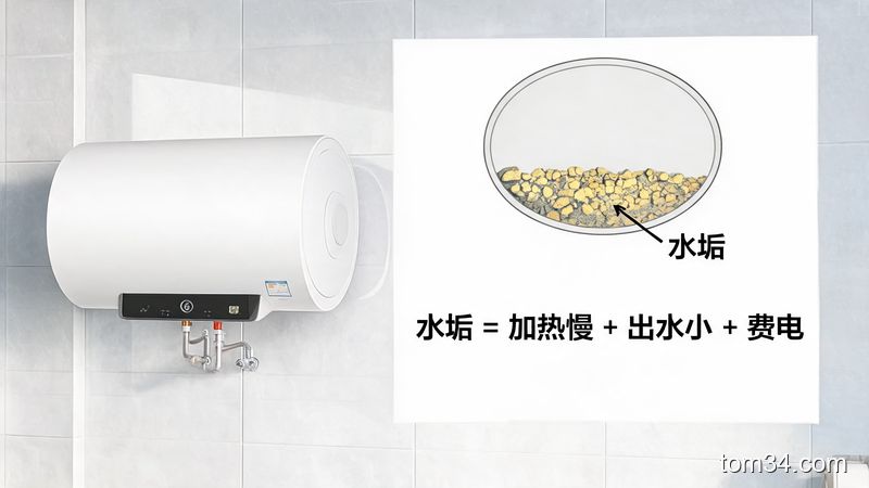 家用储水式电热水器外观特写,旁边附内胆水垢堆积的简化示意图,风格:清新明亮生活化,主体动作:配文字标注「水垢=加热慢+出水小+费电」,关键元素:简单易懂、无专业术语、科普向