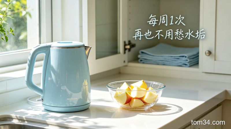 干净的热水壶放在厨房台面上，旁边摆着新鲜苹果的温馨生活场景