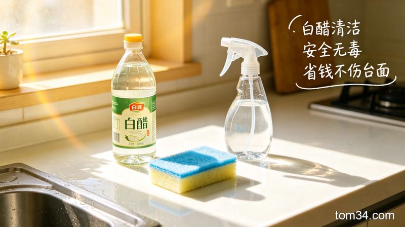 清新明亮的居家厨房场景，台面上摆放普通食用白醋、平价百洁布、空喷壶，角落配文字标注「白醋清洁 安全无毒 省钱不伤台面」，生活化暖调风格，突出低成本简单清洁的氛围