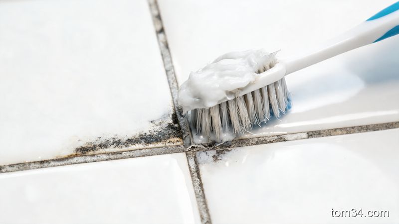 白墙去污清洁膏涂抹在瓷砖缝隙上,用小刷子刷洗去除黄渍