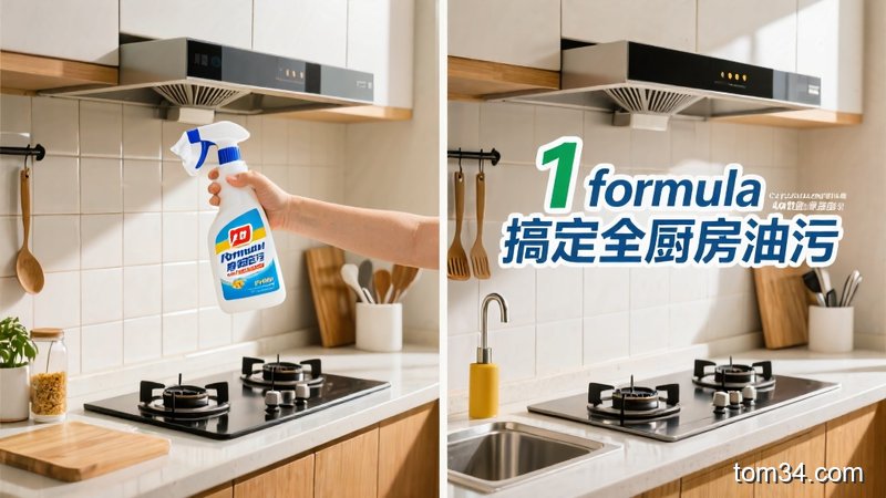 自制清洁液喷洒在油烟机、瓷砖、水槽等厨房场景的合集