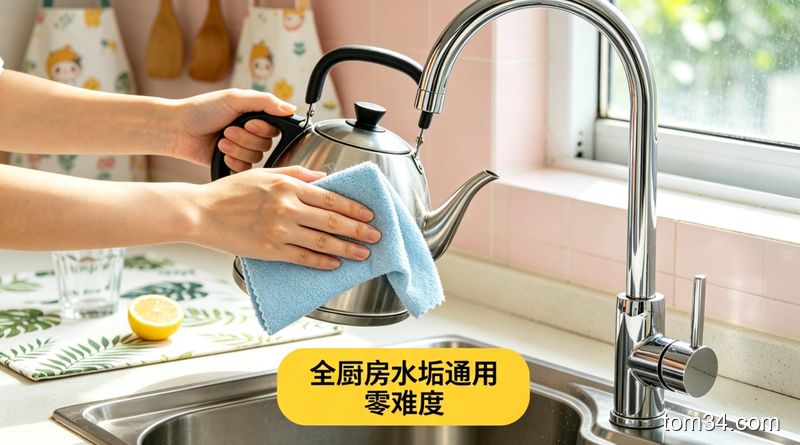 场景：厨房内，光洁的烧水壶、水龙头摆放在台面上，人手拿干净抹布轻轻擦水壶外壁；风格：清新明亮生活化；动作：轻松擦拭的简单动作；关键元素：配文字标注「全厨房水垢通用 零难度」，突出高效、懒人友好特点