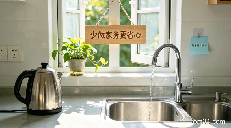 用完烧水壶倒空剩水、用干布擦水龙头的懒人养护动作演示，背景是明亮的现代厨房