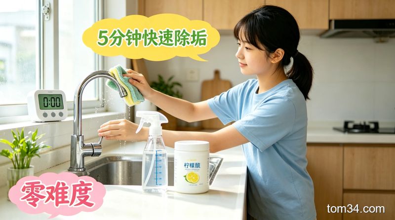 女生演示用柠檬酸清洁烧水壶水垢的过程，操作简单，表情轻松，背景是整洁的厨房