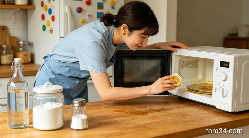 博主用柠檬擦拭微波炉内壁，旁边摆放着白醋、苏打粉、食盐等油污清洁食材