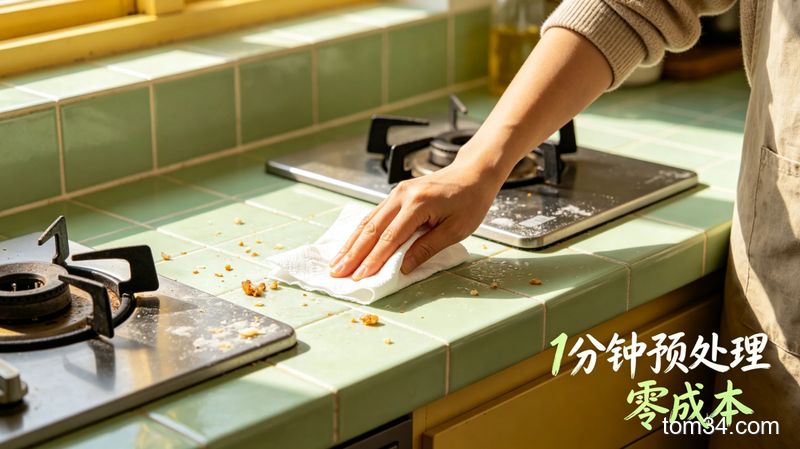 清新明亮生活化厨房场景，人用干纸巾擦拭灶台瓷砖表面的浮灰和食物残渣，角落标注「1分钟预处理 零成本」字样，风格接地气，突出简单快手