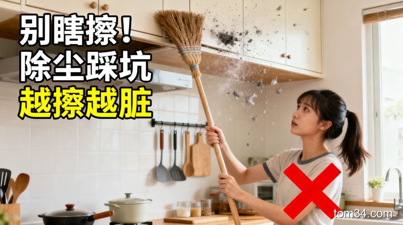 普通家庭厨房，女生用干扫把扫吊柜顶导致灰尘满天飞的错误示范，脸上带无奈的表情，风格清新明亮生活化，红色叉号标注错误动作，配文字别瞎擦！除尘踩坑越擦越脏，突出简单易操作