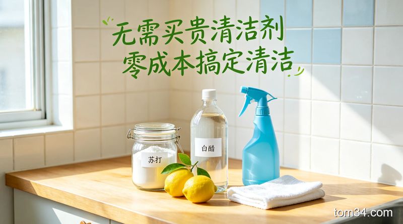 小苏打、白醋、柠檬摆放在厨房台面上的生活化场景，展示厨房清洁常用家用材料