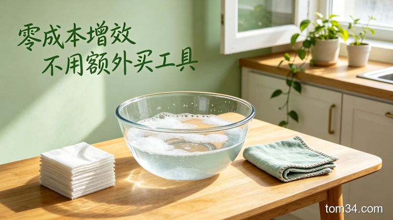 清新明亮生活化居家场景，桌面上摆放着加了洗洁精的40度温水、旧T恤改的抹布、淘汰的洗脸巾，添加文字标注「零成本增效 不用额外买工具」，突出低负担清洁