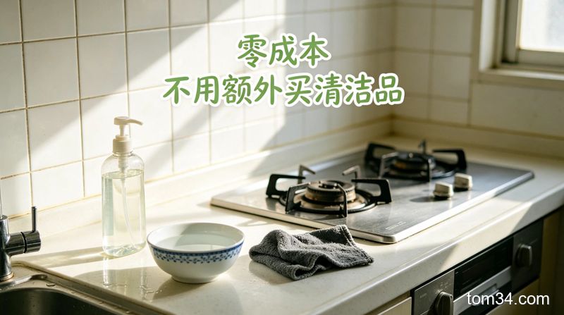 出租屋厨房灶台边，台面上摆着普通洗洁精、装温水的小碗、旧抹布，清新明亮生活化，标注零成本 不用额外买清洁品