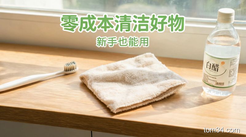 清新明亮生活化桌面场景,摆放旧牙刷、废纯棉抹布、白醋瓶三个常见家用清洁小道具,画面标注“零成本清洁好物”“新手也能用”文字,突出低成本实用