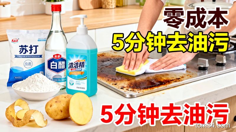 清新明亮生活化厨房场景，摆放小苏打、白醋、面粉、土豆皮、洗洁精家常物品，搭配简单的擦拭油污动作，标注“零成本 5分钟去油污”文字，整体风格轻松快手，突出无需额外买清洁用品