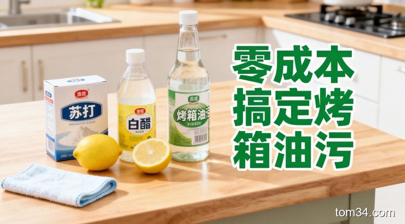 清新明亮生活化厨房台面，摆放着小苏打、白醋、柠檬三种常见家居用品，旁边放半块湿抹布，配文字&lsquo;零成本搞定烤箱油污&rsquo;，风格轻松，突出低成本方便